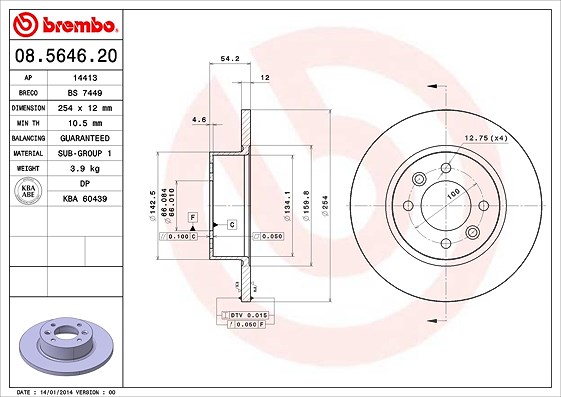 Brembo Bremsscheibe Hinterachse Voll [Hersteller-Nr. 08.5646.20] für Renault