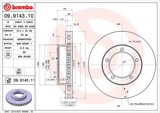 Brembo 1x Bremsscheibe Vorderachse Belüftet [Hersteller-Nr. 09.9143.11] für Lexus, Toyota
