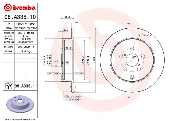 Brembo Bremsscheibe [Hersteller-Nr. 08.A335.11] für Toyota