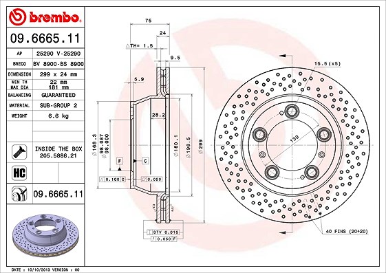 Brembo Bremsscheibe Hinterachse Belüftet/Gelocht [Hersteller-Nr. 09.6665.11] für Porsche