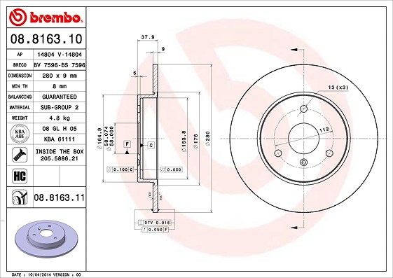 Brembo Bremsscheibe [Hersteller-Nr. 08.8163.11] für Mitsubishi, Kia, Smart