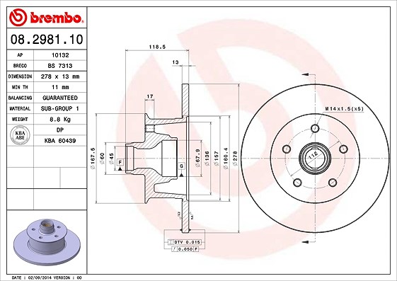 Brembo 1x Bremsscheibe Vorderachse Voll [Hersteller-Nr. 08.2981.10] für VW