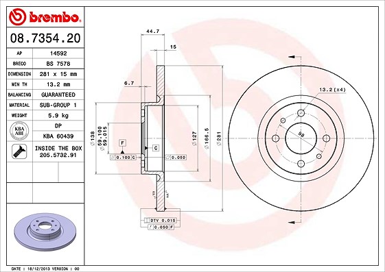 Brembo Bremsscheibe Vorderachse Voll [Hersteller-Nr. 08.7354.20] für Lancia