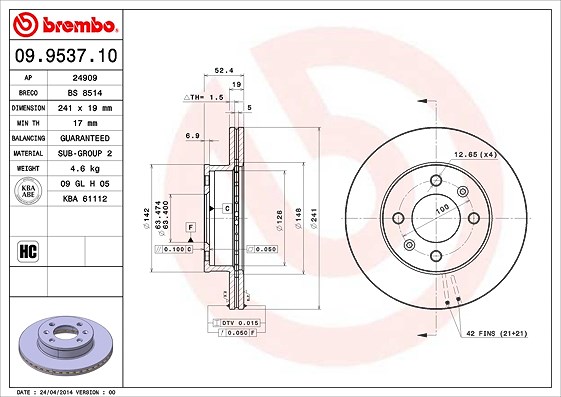 Brembo Bremsscheibe [Hersteller-Nr. 09.9537.10] für Hyundai