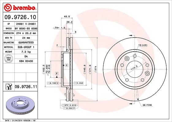 Brembo Bremsscheibe [Hersteller-Nr. 09.9726.11] für Kia