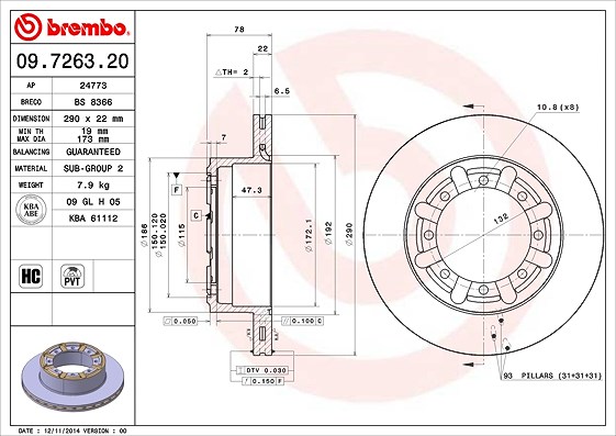Brembo 1x Bremsscheibe [Hersteller-Nr. 09.7263.20] für Renault, Renault Trucks