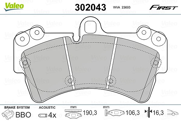 Valeo Bremsbelagsatz, Scheibenbremse [Hersteller-Nr. 302043] für VW, Porsche, Audi
