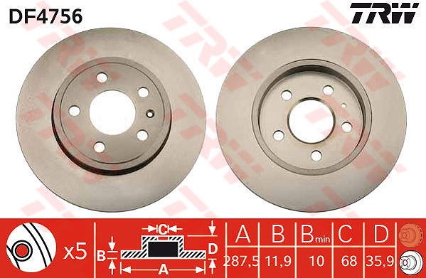 Trw Bremsscheibe Hinterachse Voll [Hersteller-Nr. DF4756] für Audi, Seat