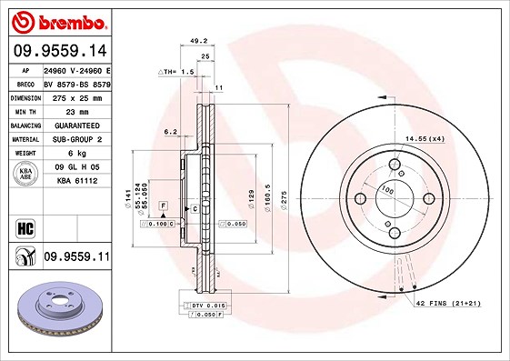 Brembo Bremsscheibe Vorderachse Belüftet [Hersteller-Nr. 09.9559.11] für Toyota