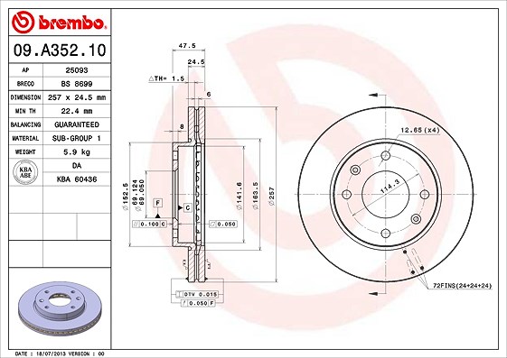 Brembo Bremsscheibe [Hersteller-Nr. 09.A352.10] für Kia, Hyundai
