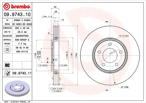 Brembo Bremsscheibe [Hersteller-Nr. 09.9743.11] für Chrysler, Dodge