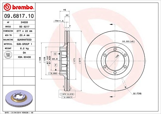 Brembo Bremsscheibe Vorderachse Belüftet [Hersteller-Nr. 09.6817.10] für Mitsubishi, Galloper, Hyundai