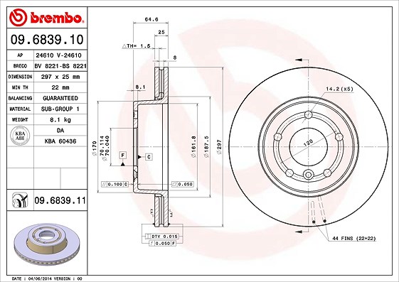 Brembo Bremsscheibe Vorderachse Belüftet [Hersteller-Nr. 09.6839.11] für Land Rover