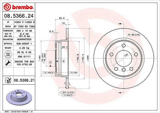 Brembo Bremsscheibe Hinterachse Voll [Hersteller-Nr. 08.5366.21] für BMW, De La Chapelle