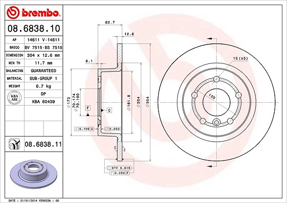Brembo Bremsscheibe Hinterachse Voll [Hersteller-Nr. 08.6838.11] für Land Rover