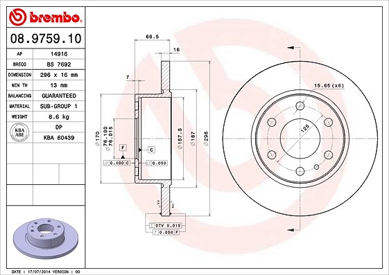 Brembo Bremsscheibe Hinterachse voll [Hersteller-Nr. 08.9759.10] für Iveco