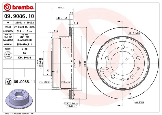 Brembo 1x Bremsscheibe [Hersteller-Nr. 09.9086.11] für Lexus, Toyota