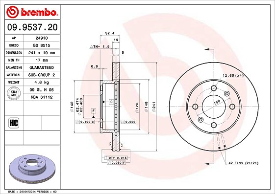 Brembo Bremsscheibe [Hersteller-Nr. 09.9537.20] für Hyundai