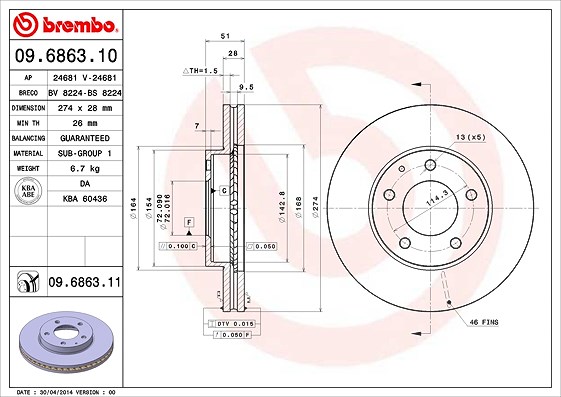 Brembo Bremsscheibe [Hersteller-Nr. 09.6863.11] für Mazda