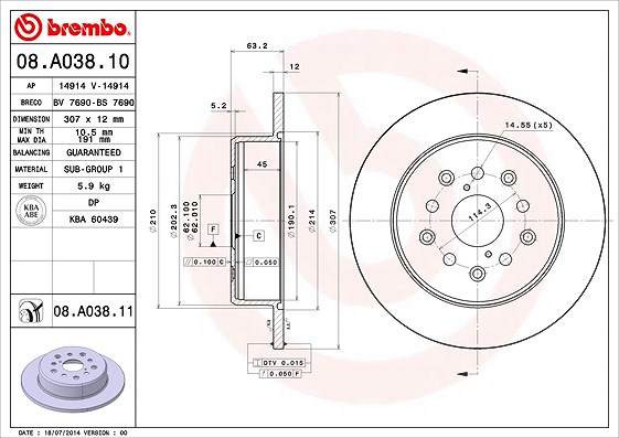 Brembo Bremsscheibe [Hersteller-Nr. 08.A038.11] für Lexus, Toyota