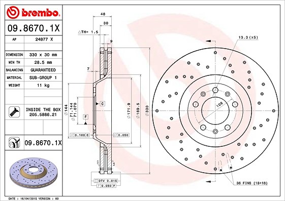 Brembo 1x Bremsscheibe [Hersteller-Nr. 09.8670.1X] für Peugeot, Citroën
