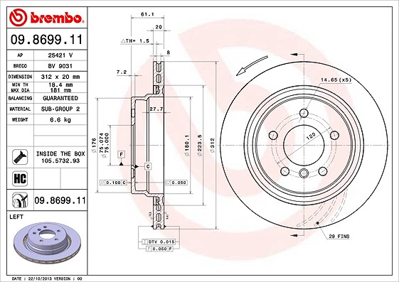 Brembo 1x Bremsscheibe [Hersteller-Nr. 09.8699.11] für BMW, Wiesmann