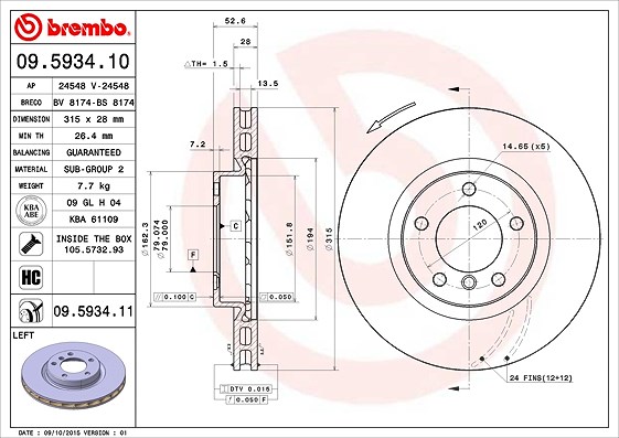 Brembo 1x Bremsscheibe Vorderachse Belüftet links [Hersteller-Nr. 09.5934.11] für BMW, Wiesmann