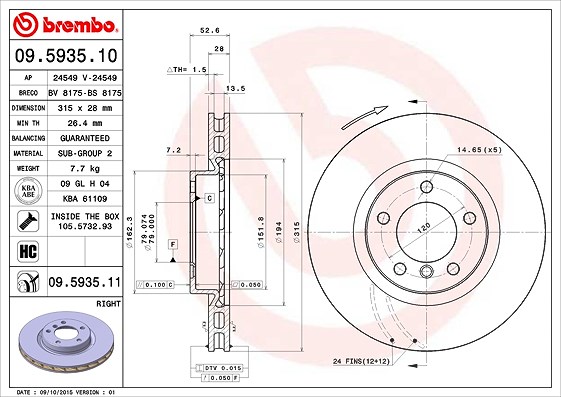 Brembo 1x Bremsscheibe Vorderachse Belüftet Rechts [Hersteller-Nr. 09.5935.11] für BMW, Wiesmann