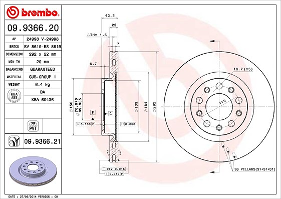 Brembo Bremsscheibe [Hersteller-Nr. 09.9366.21] für Alfa Romeo