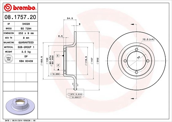 Brembo Bremsscheibe [Hersteller-Nr. 08.1757.20] für Skoda