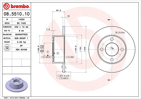 Brembo Bremsscheibe Hinterachse Voll [Hersteller-Nr. 08.5510.10] für Audi