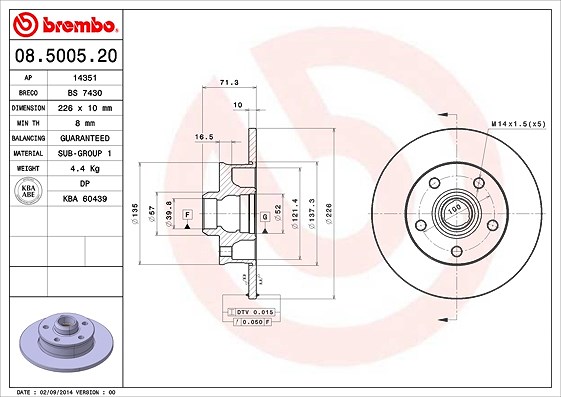 Brembo Bremsscheibe Hinterachse Voll [Hersteller-Nr. 08.5005.20] für Seat, VW