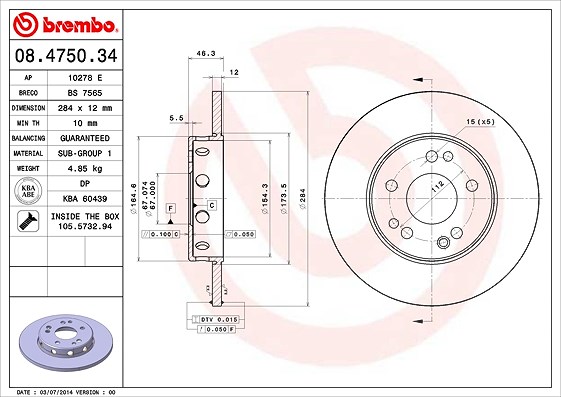 Brembo Bremsscheibe Vorderachse Voll [Hersteller-Nr. 08.4750.34] für Mercedes-Benz