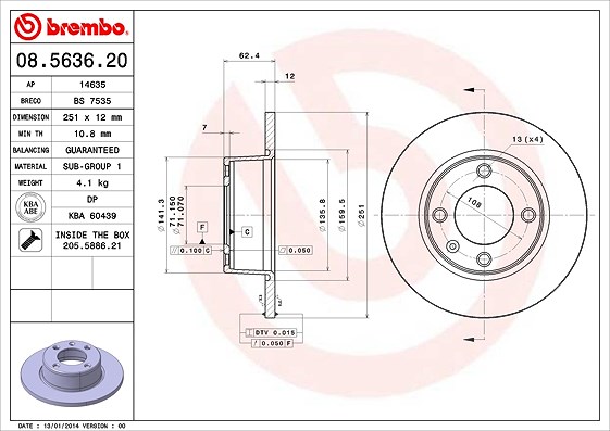 Brembo Bremsscheibe Hinterachse Voll [Hersteller-Nr. 08.5636.20] für Citroën