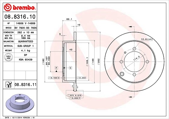 Brembo Bremsscheibe [Hersteller-Nr. 08.8316.11] für Mitsubishi, Hyundai, Kia