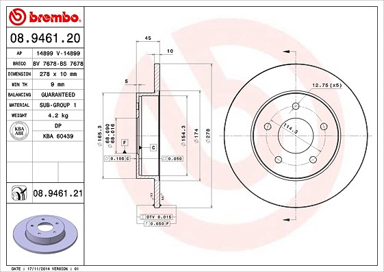 Brembo Bremsscheibe Hinterachse Voll [Hersteller-Nr. 08.9461.21] für Nissan