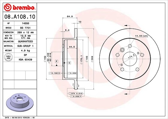 Brembo Bremsscheibe [Hersteller-Nr. 08.A108.10] für Lexus, Toyota