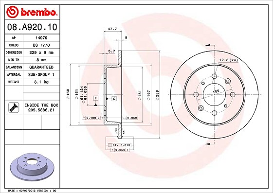 Brembo Bremsscheibe [Hersteller-Nr. 08.A920.10] für Acura, Honda