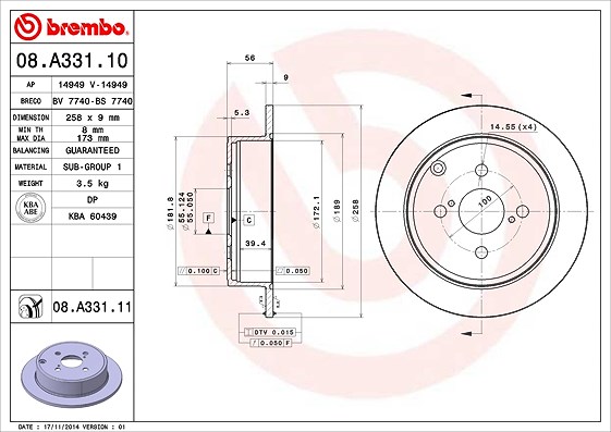 Brembo Bremsscheibe [Hersteller-Nr. 08.A331.11] für Toyota