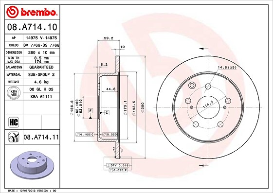Brembo Bremsscheibe [Hersteller-Nr. 08.A714.11] für Toyota