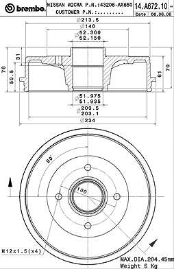 Brembo 1x Bremstrommel [Hersteller-Nr. 14.A672.10] für Nissan