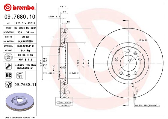 Brembo 1x Bremsscheibe [Hersteller-Nr. 09.7680.11] für Peugeot