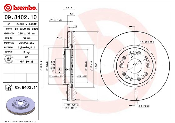 Brembo 1x Bremsscheibe [Hersteller-Nr. 09.8402.11] für Lexus, Toyota