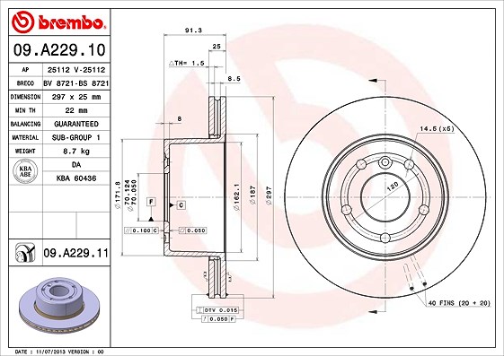 Brembo 1x Bremsscheibe [Hersteller-Nr. 09.A229.11] für Land Rover