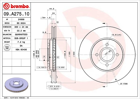 Brembo Bremsscheibe Vorderachse Belüftet [Hersteller-Nr. 09.A275.10] für Ford
