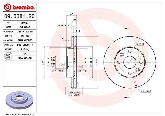 Brembo Bremsscheibe [Hersteller-Nr. 09.5581.20] für Kia