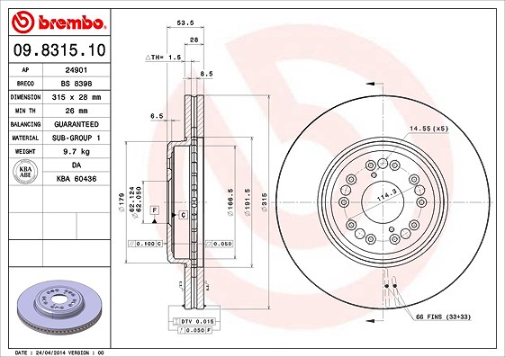 Brembo Bremsscheibe [Hersteller-Nr. 09.8315.10] für Lexus, Toyota