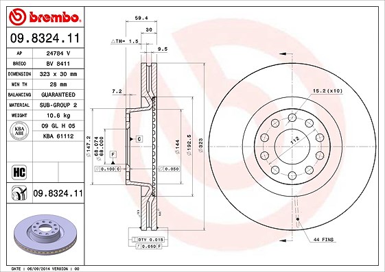 Brembo Bremsscheibe Vorderachse Belüftet [Hersteller-Nr. 09.8324.11] für Audi