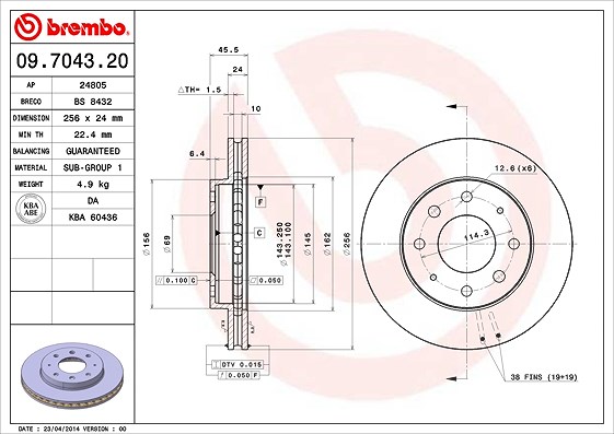 Brembo Bremsscheibe Vorderachse Belüftet [Hersteller-Nr. 09.7043.20] für Mitsubishi, Hyundai, Kia
