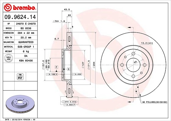 Brembo Bremsscheibe [Hersteller-Nr. 09.9624.14] für Lancia, Fiat, Alfa Romeo